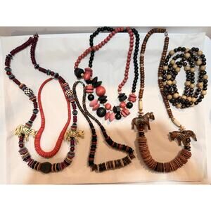 Lot of Vintage Wooden Beaded Necklaces Gradulated Coral Style and African Animal